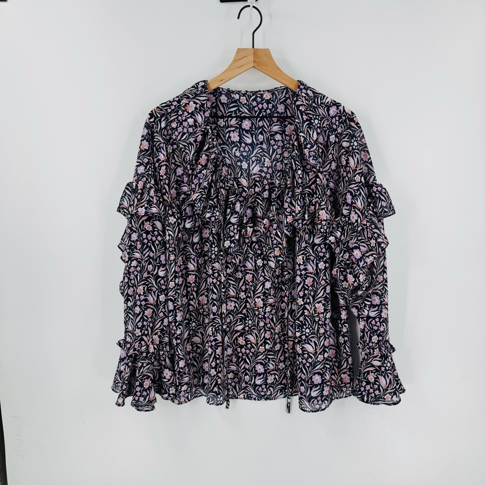 J. Crew Floral Ruffle Blouse Navy Blue Lavender Floral Print Ruffle Chiffon XXL